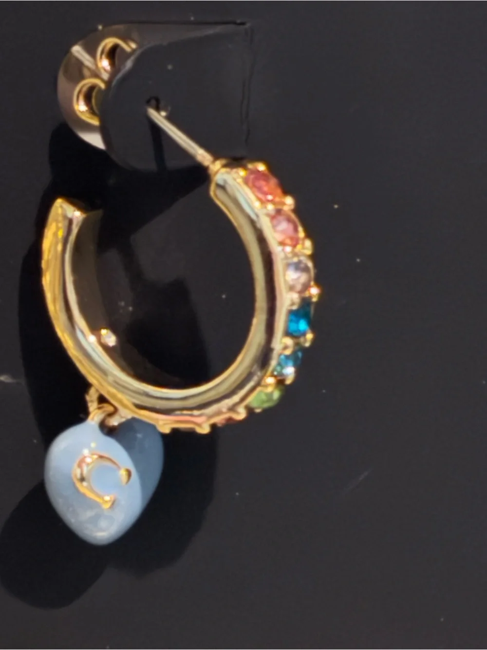 NWT Coach Rainbow Pavé Heart Charm Huggie Hoop Earrings Blue Gold